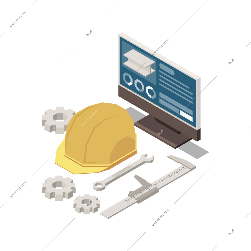 Stem education isometric concept icons composition with images of engineers hat and computer with gears vector illustration