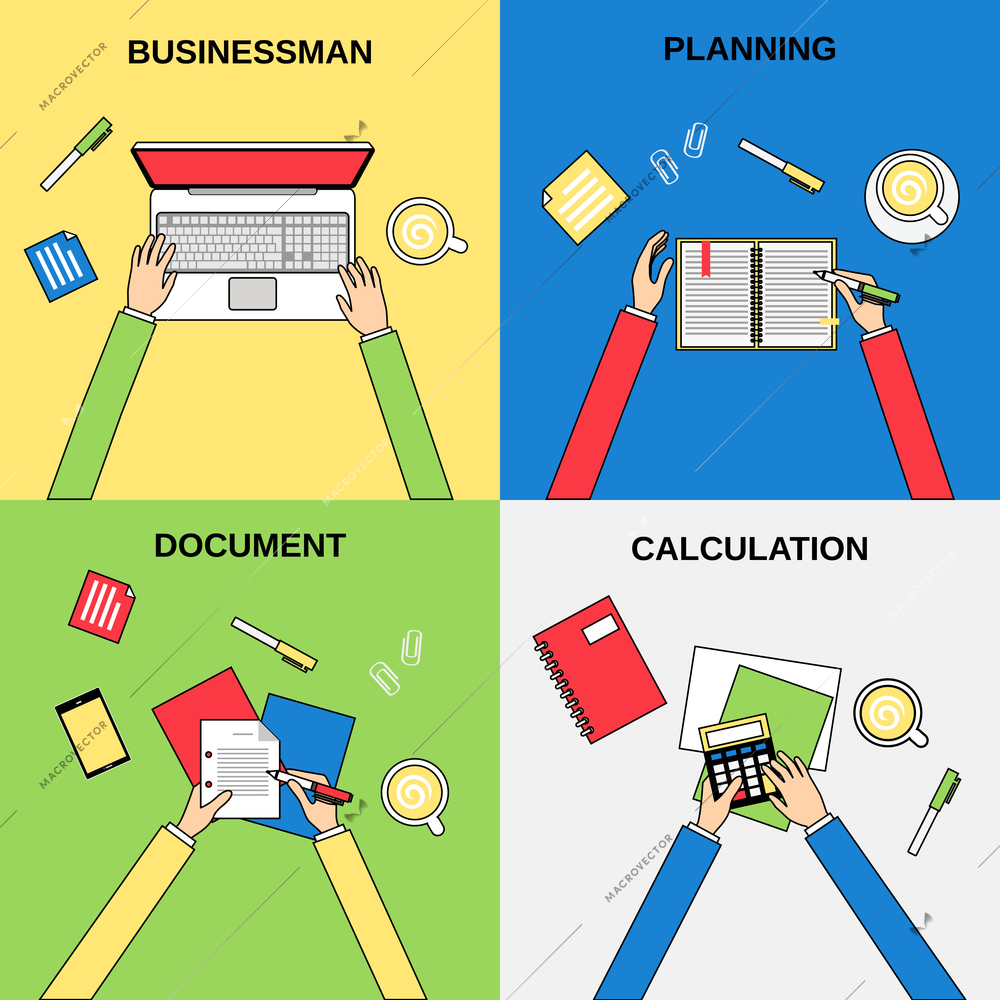 Business hands businessman planning document calculation flat line concepts set isolated  vector illustration