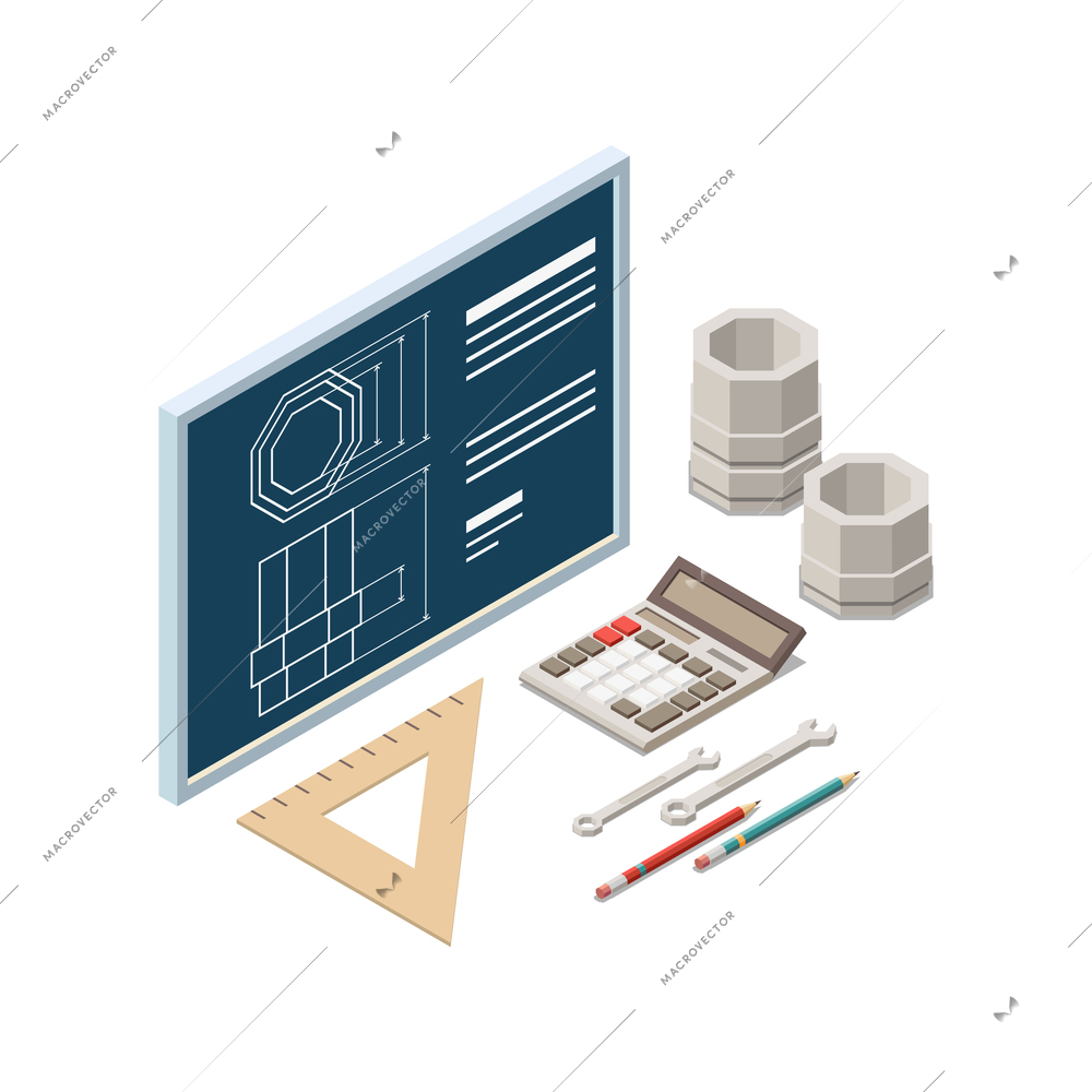 Stem education isometric concept icons composition with images of part and blueprint with drawing tools vector illustration