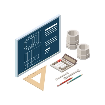 Stem education isometric concept icons composition with images of part and blueprint with drawing tools vector illustration