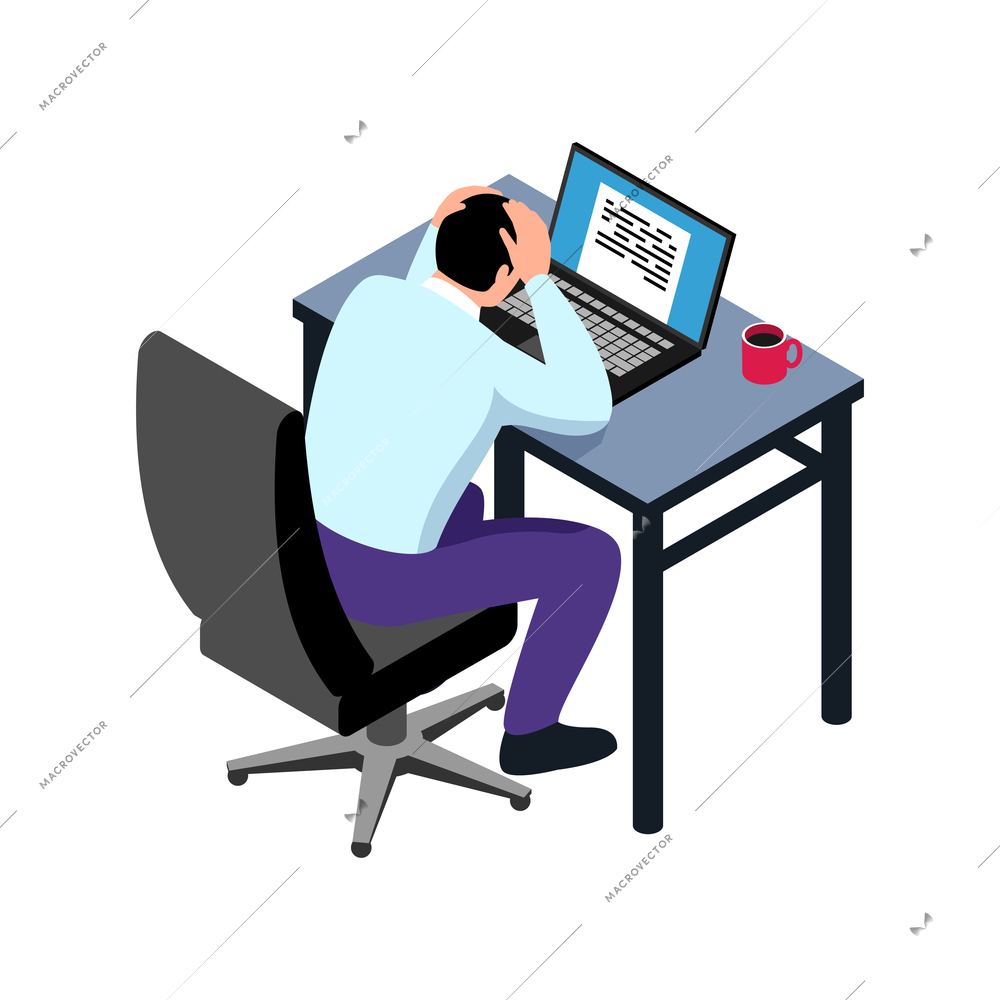 Isometric professional burnout office composition with man at table holding by the head vector illustration