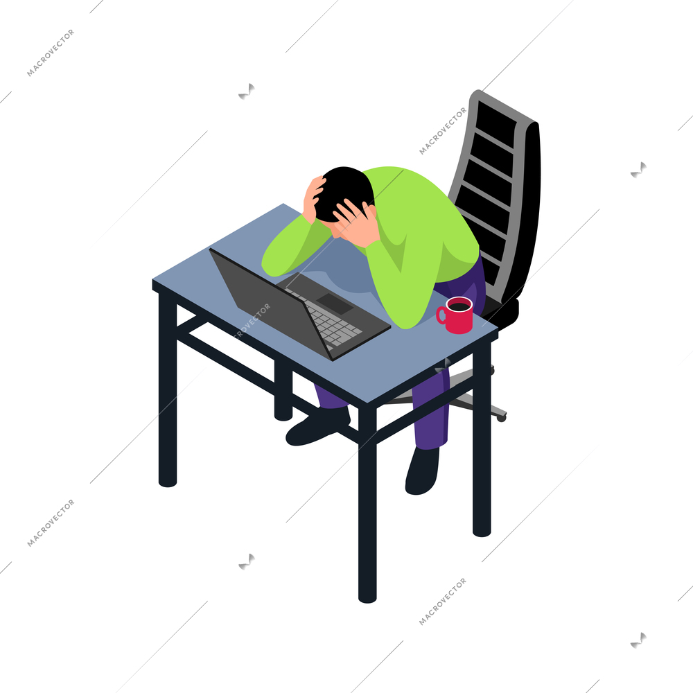 Isometric professional burnout office composition with man holding his head at working table vector illustration