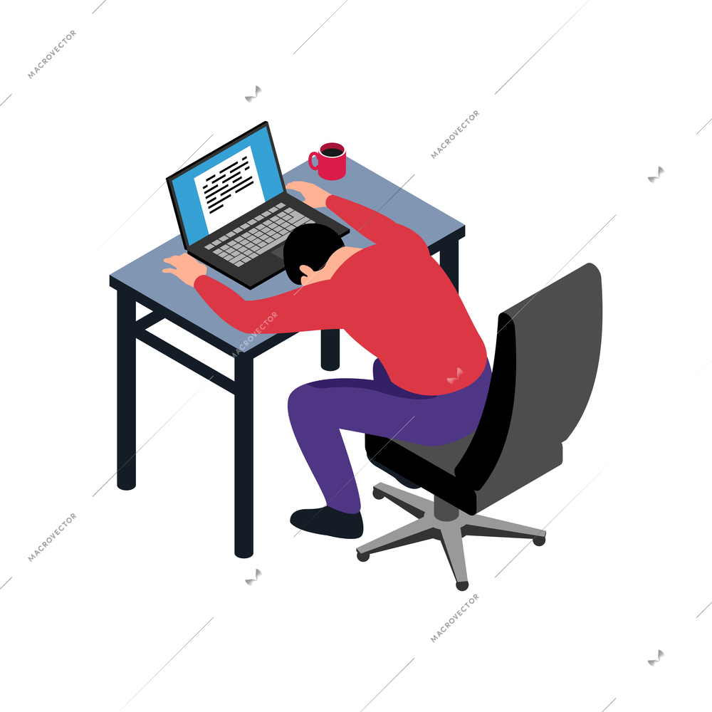 Isometric professional burnout office composition with view of working place with sleeping man vector illustration