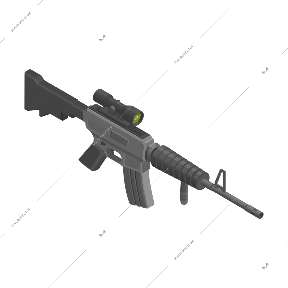 Army weapons isometric composition with isolated image of army carbine with mounted optic vector illustration