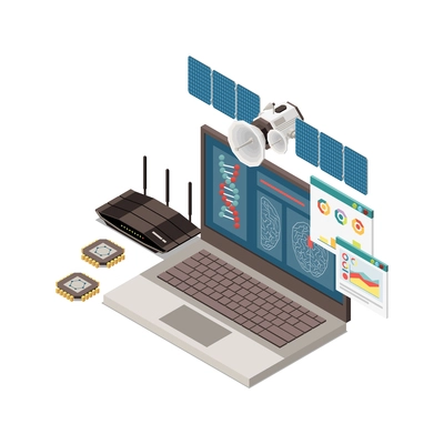 Stem education isometric concept icons composition with images of laptop chips dna and flying satellite vector illustration