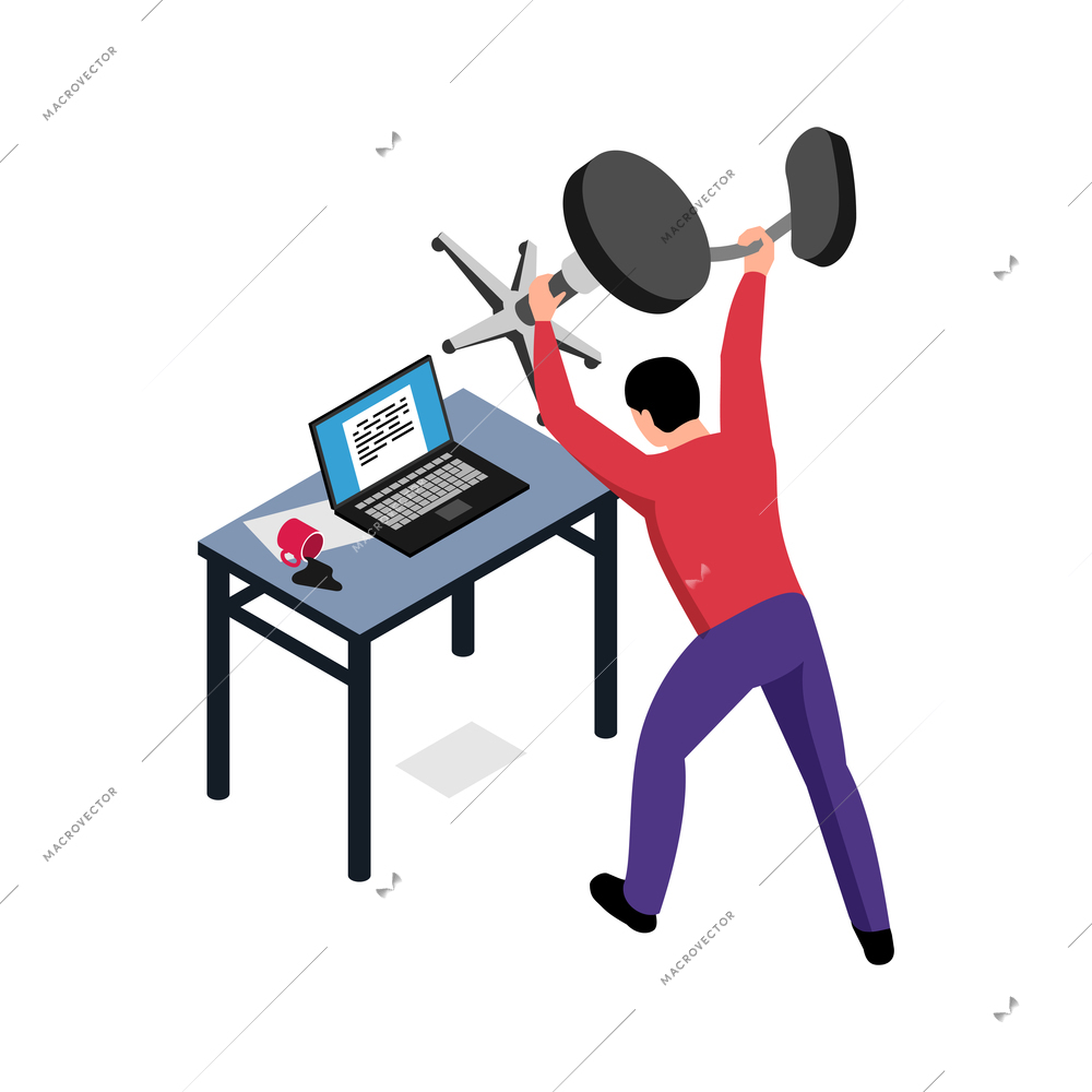 Isometric professional burnout office composition with man holding chair and workplace with laptop vector illustration