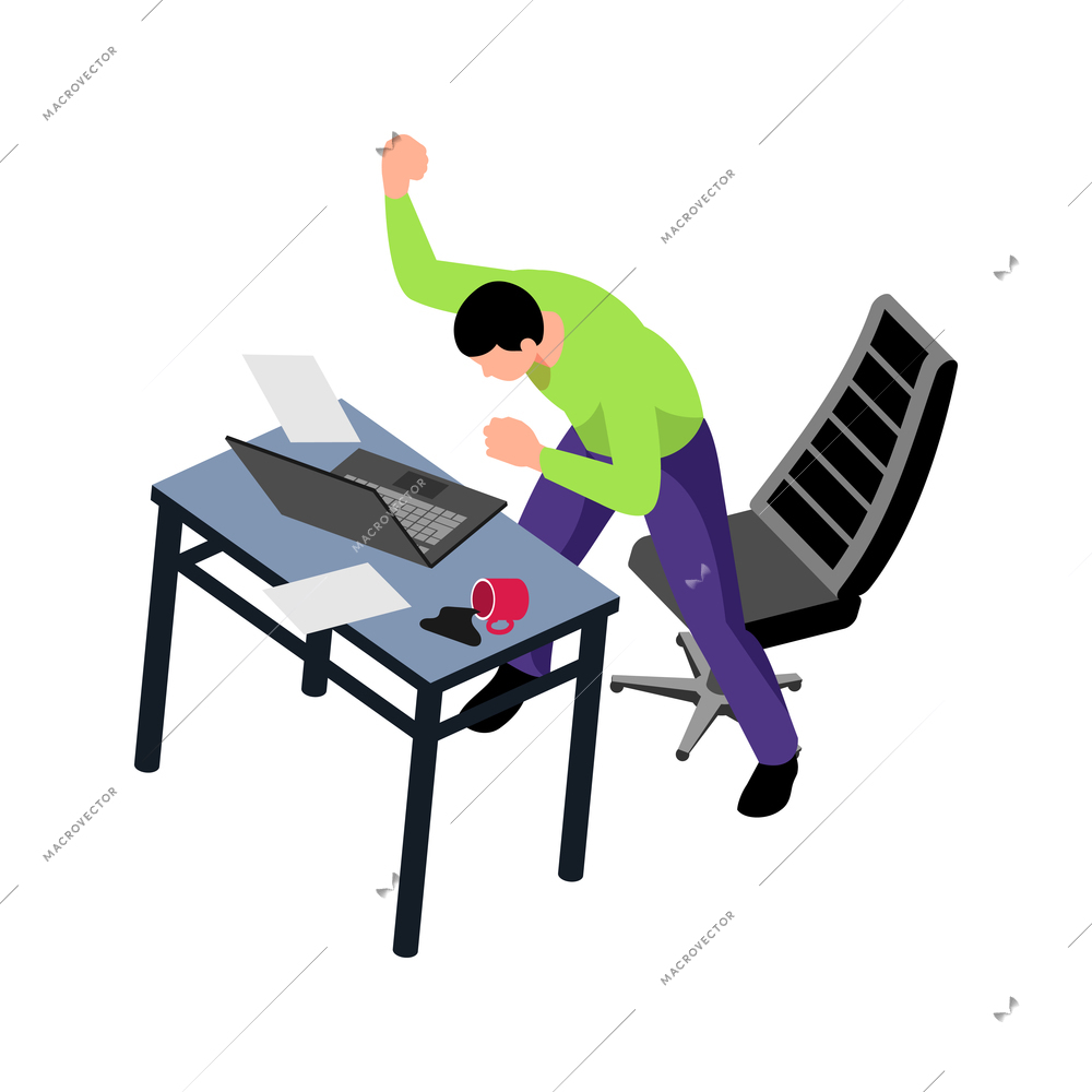 Isometric professional burnout office composition with angry man beating the table of working place vector illustration