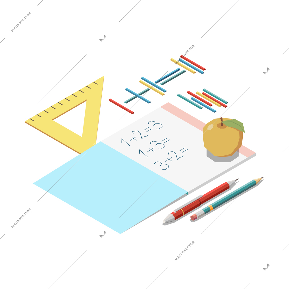 Stem education isometric concept icons composition with stationery elements and copybook of math vector illustration