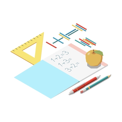 Stem education isometric concept icons composition with stationery elements and copybook of math vector illustration