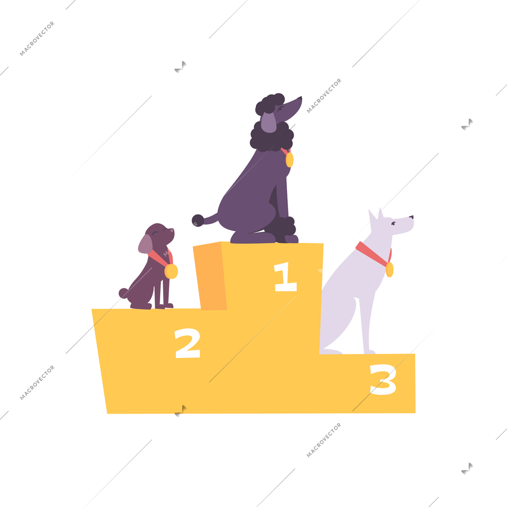 Dog breeding flat composition with dogs of various breed standing on winners podium vector illustration
