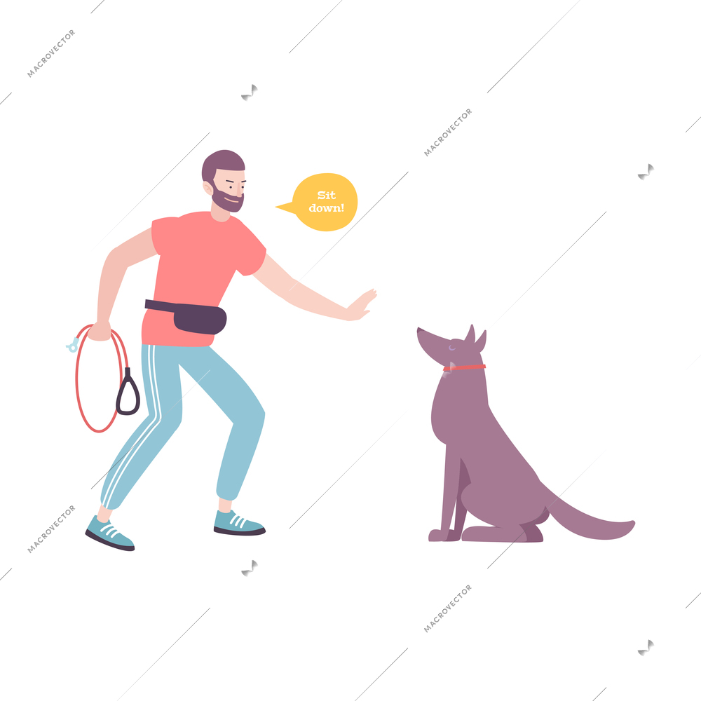 Dog breeding flat composition with character of bearded male instructor training dog vector illustration