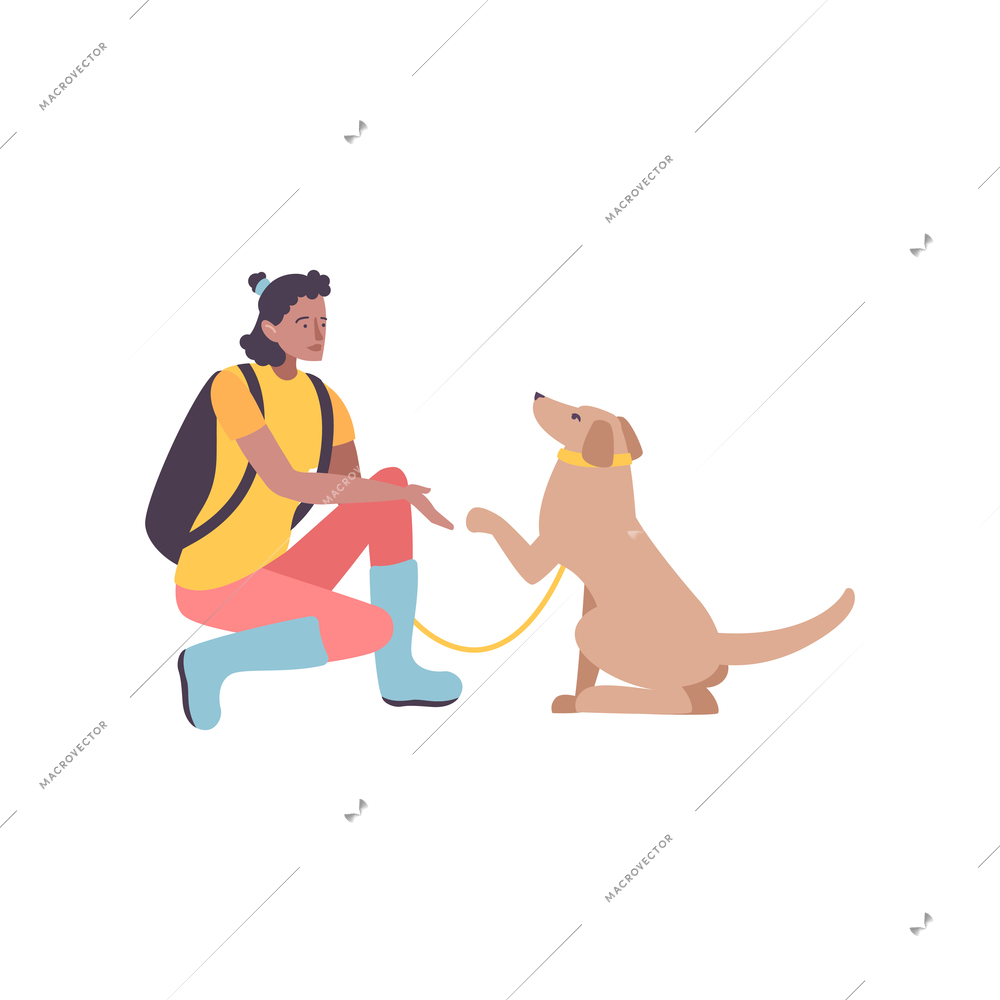 Dog breeding flat composition with character of woman and dog giving its fin for shake vector illustration