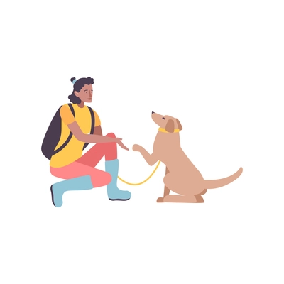 Dog breeding flat composition with character of woman and dog giving its fin for shake vector illustration