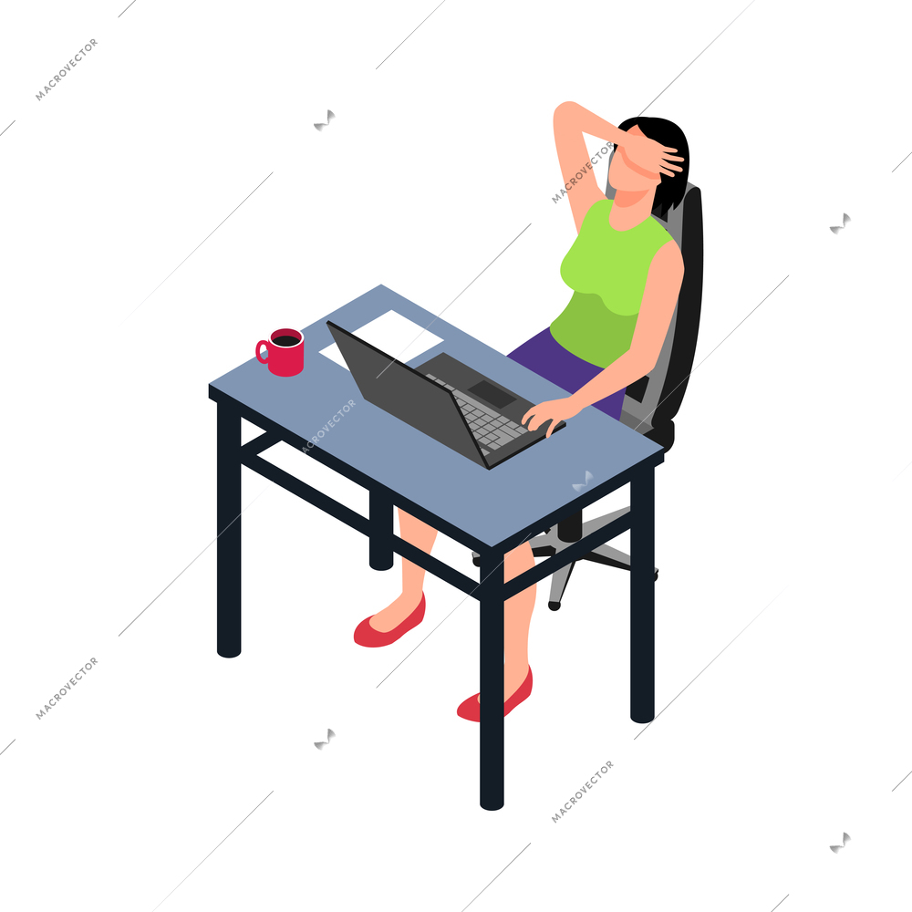 Isometric professional burnout office composition with character of tired woman at workplace vector illustration