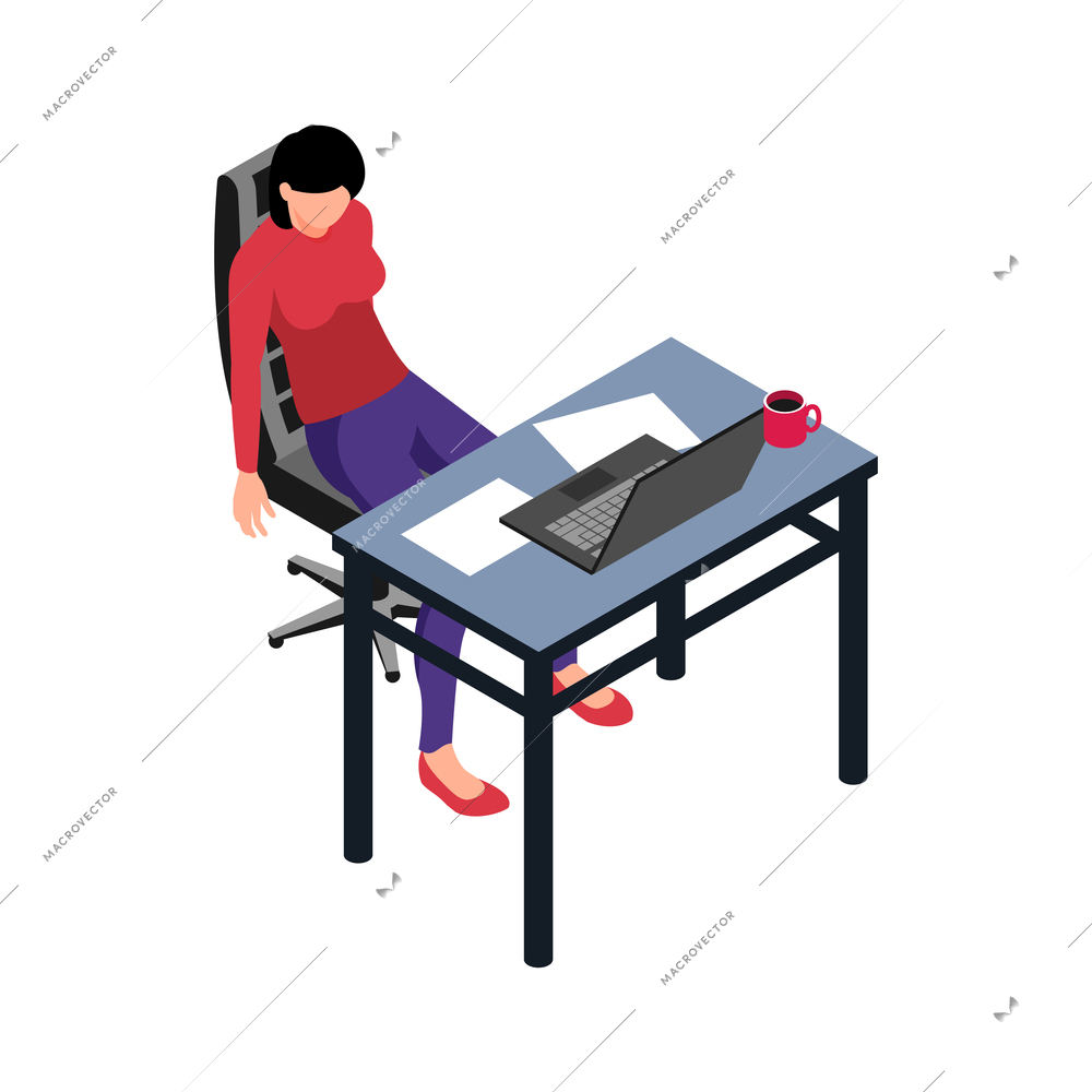 Isometric professional burnout office composition with female character of worker leaning on chair vector illustration