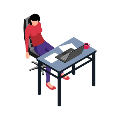 Isometric professional burnout office composition with female character of worker leaning on chair vector illustration