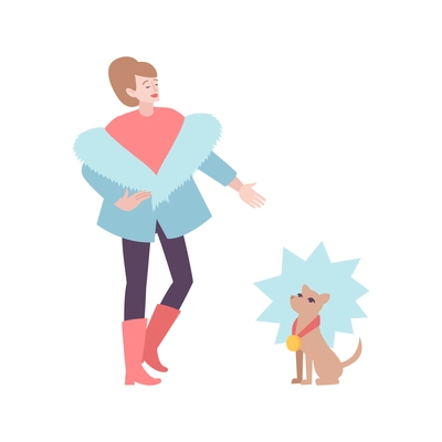 Dog breeding flat composition with luxury woman character and small dog with medal vector illustration