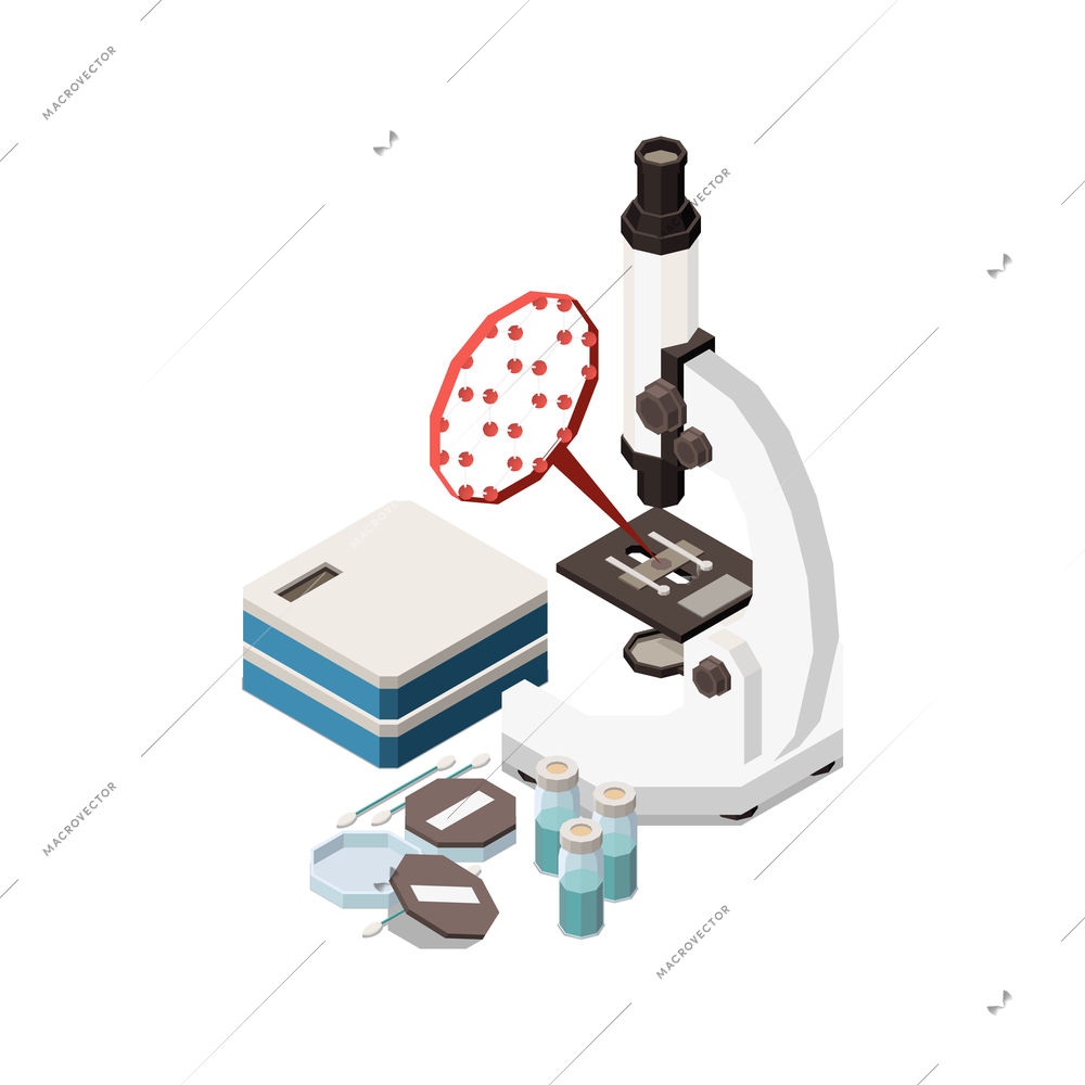 Stem education isometric concept icons composition with images of microscope and bacteria with test tubes vector illustration