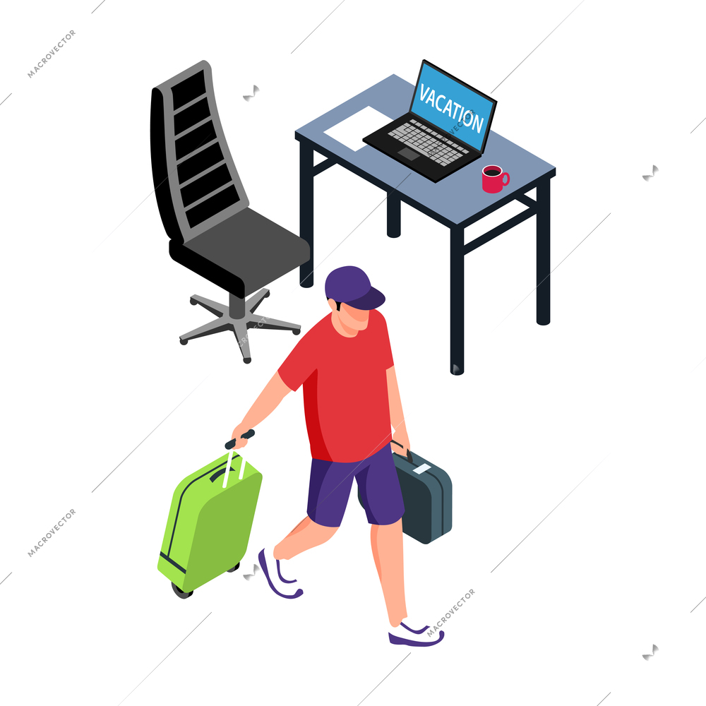 Isometric professional burnout office composition with view of workplace and man walking out with suitcase vector illustration