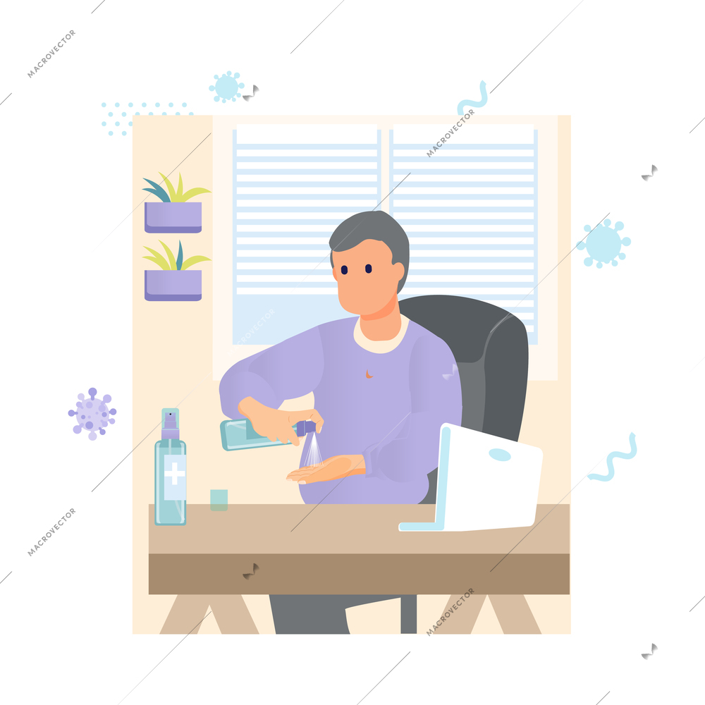 Hand hygiene flat composition with view of workplace with man spraying alcohol gel on hands vector illustration