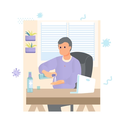 Hand hygiene flat composition with view of workplace with man spraying alcohol gel on hands vector illustration