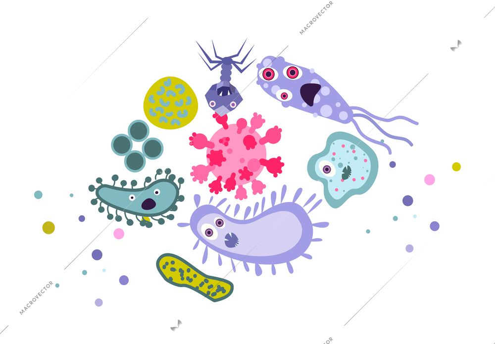 Hand hygiene flat composition with cartoon characters of virus bacteria vector illustration