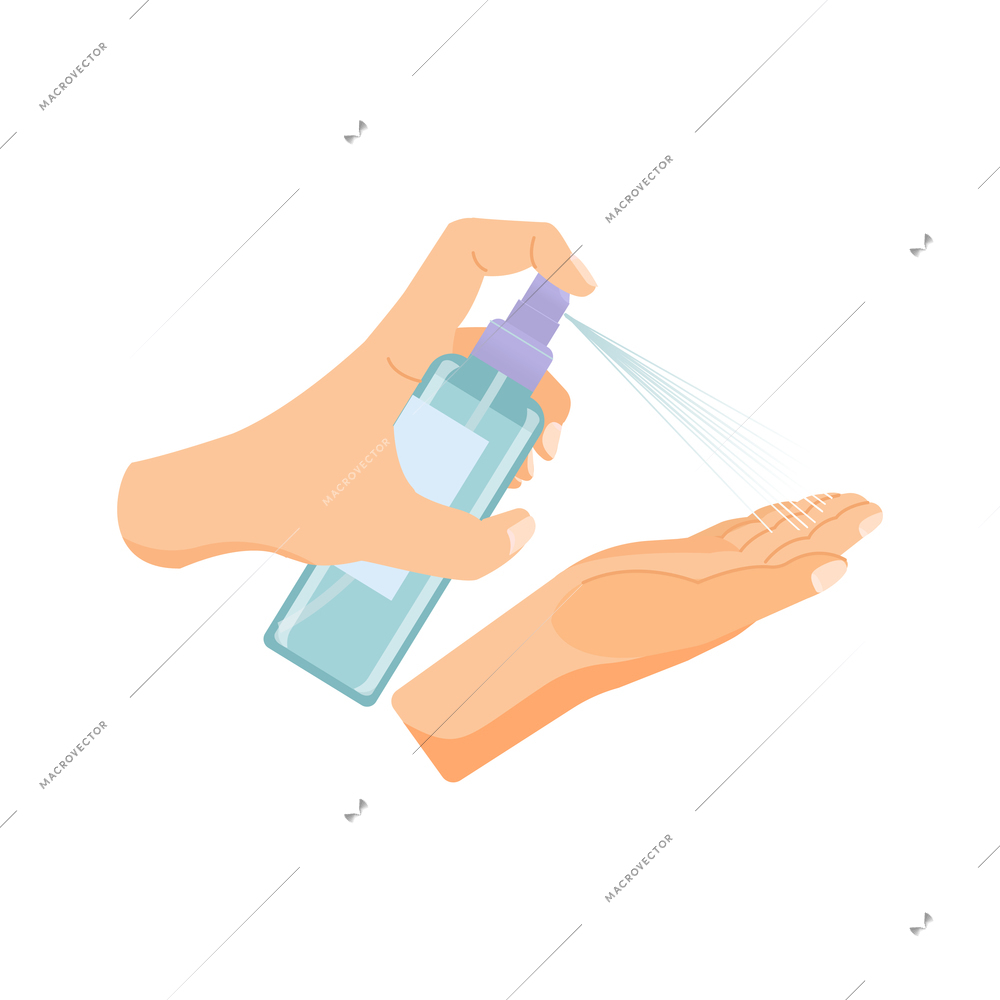 Hand hygiene flat composition with isolated image of human hands spraying disinfectant from bottle vector illustration