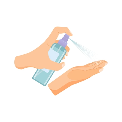 Hand hygiene flat composition with isolated image of human hands spraying disinfectant from bottle vector illustration