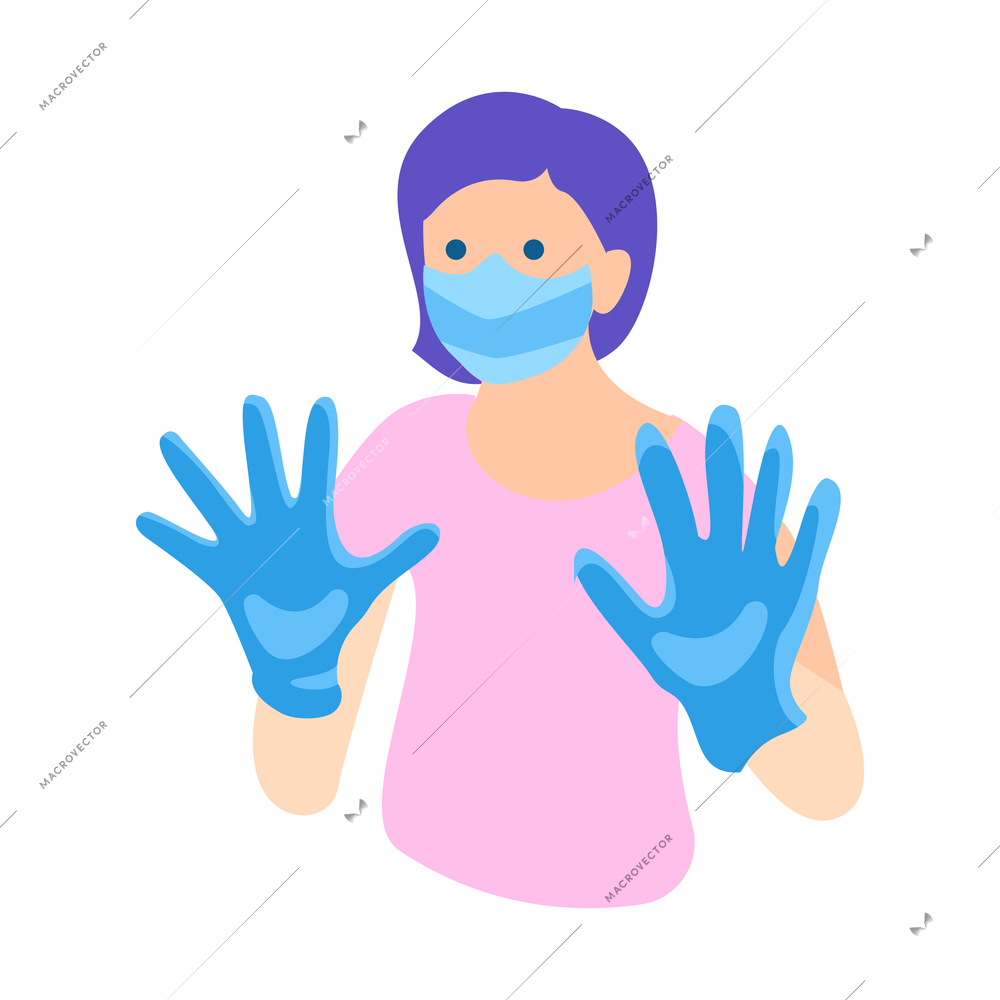 Hand hygiene flat composition with human character of woman wearing gloves and mask vector illustration