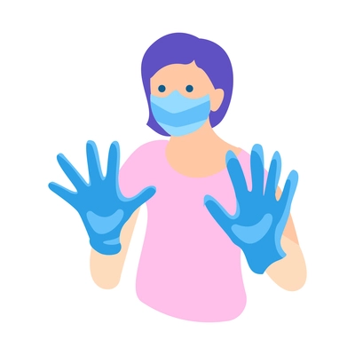 Hand hygiene flat composition with human character of woman wearing gloves and mask vector illustration