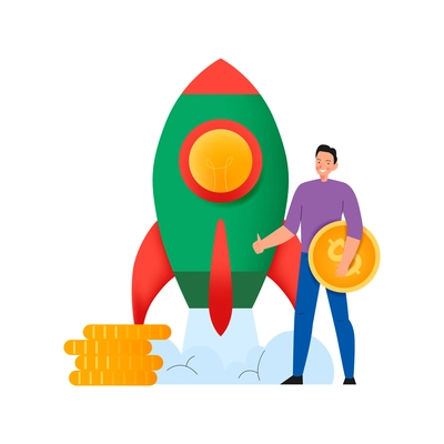 Crowdfunding composition with flat icons of launching rocket with man holding dollar coin vector illustration