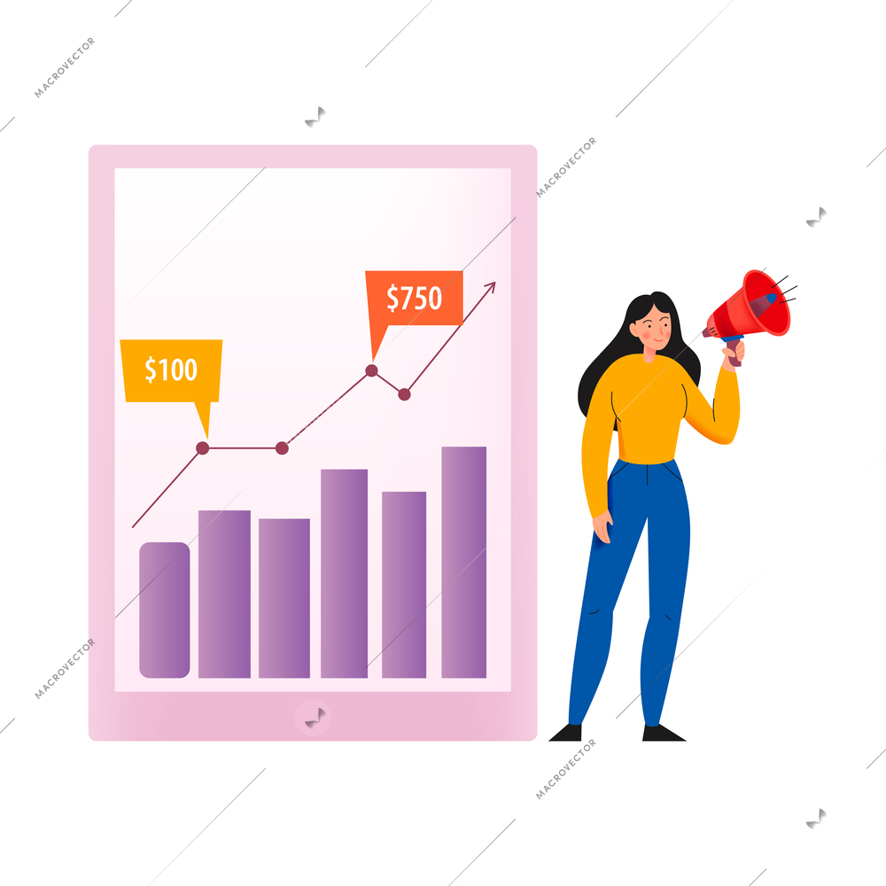 Crowdfunding composition with human character of girl with megaphone and income growth diagram vector illustration