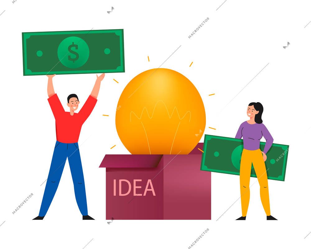 Crowdfunding composition with flat icons of lamp inside idea box and people with banknotes vector illustration