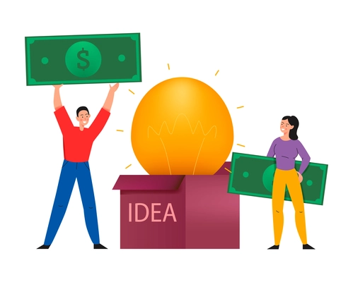 Crowdfunding composition with flat icons of lamp inside idea box and people with banknotes vector illustration