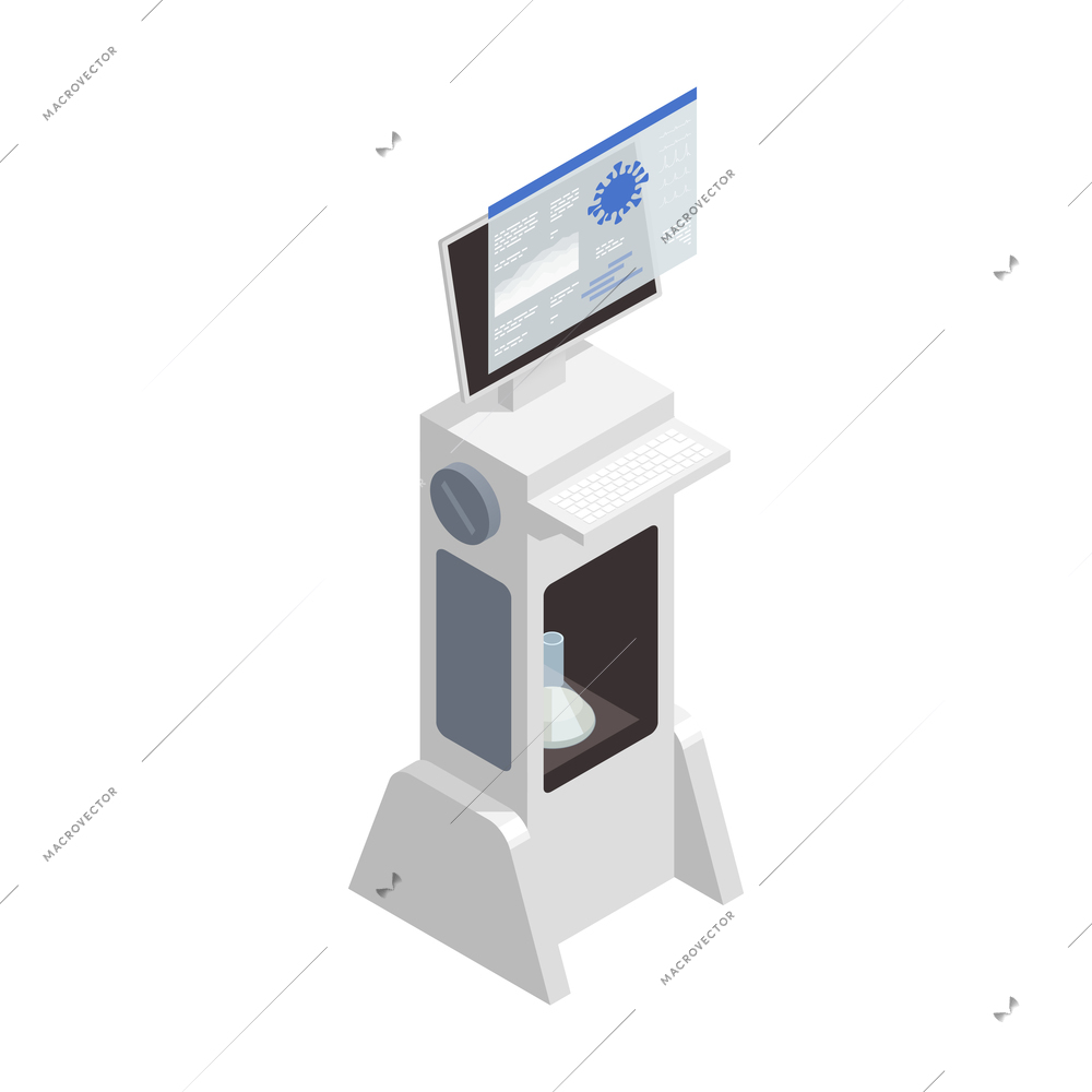 Microbiology biotechnology isometric composition with isolated image of computer appliance analyzing flask with viral liquid vector illustration