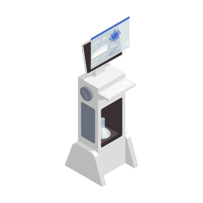 Microbiology biotechnology isometric composition with isolated image of computer appliance analyzing flask with viral liquid vector illustration