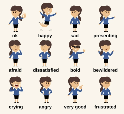 Business woman cartoon character happy and sad emotions set isolated vector illustration