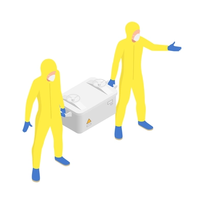 Microbiology biotechnology isometric composition with two human characters in biohazard suits holding safe box vector illustration