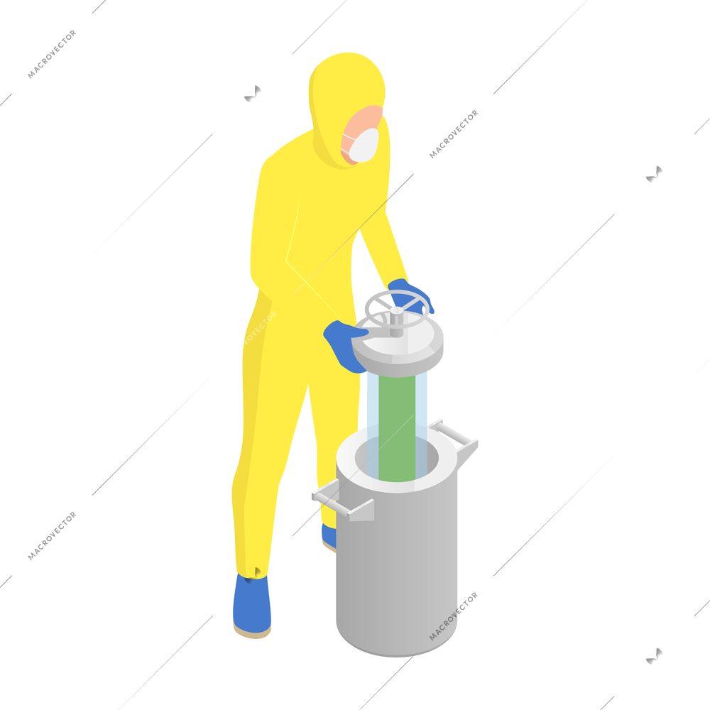 Microbiology biotechnology isometric composition with man in chemical suit putting dangerous capsule into storage tank vector illustration