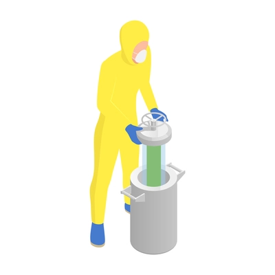 Microbiology biotechnology isometric composition with man in chemical suit putting dangerous capsule into storage tank vector illustration