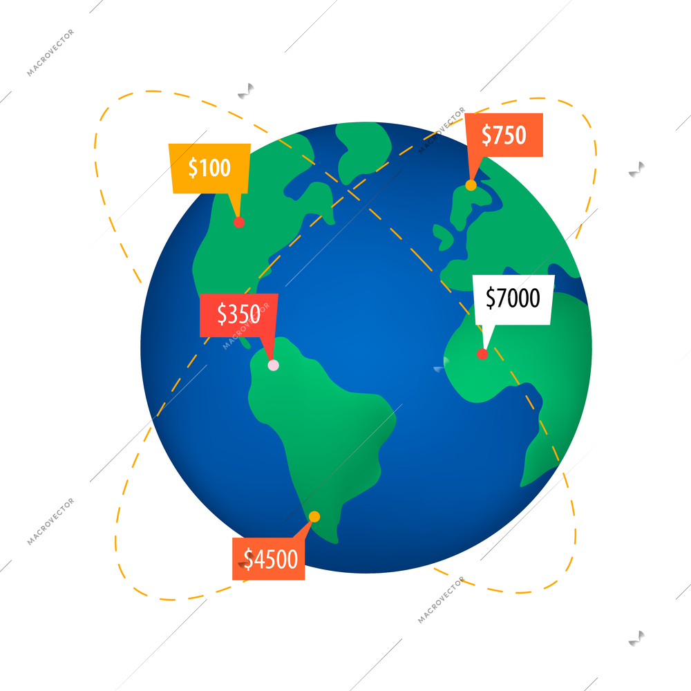 Crowdfunding composition with flat icon of earth globe with trajectory lines and money amounts vector illustration