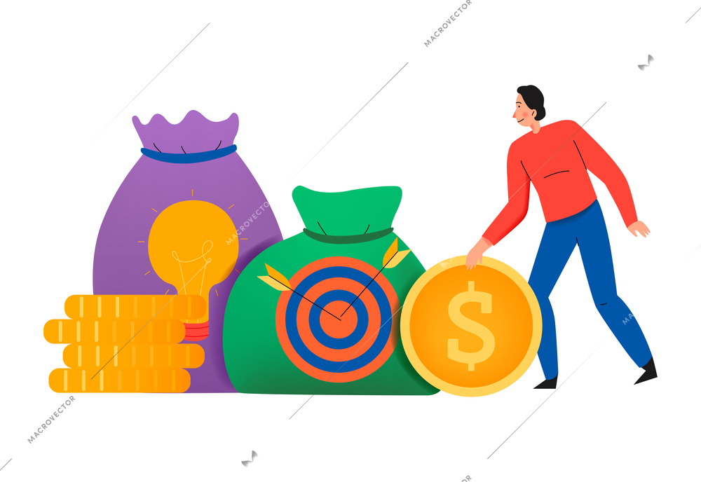 Crowdfunding composition with flat icons of coin stacks and money sacks with target sign vector illustration