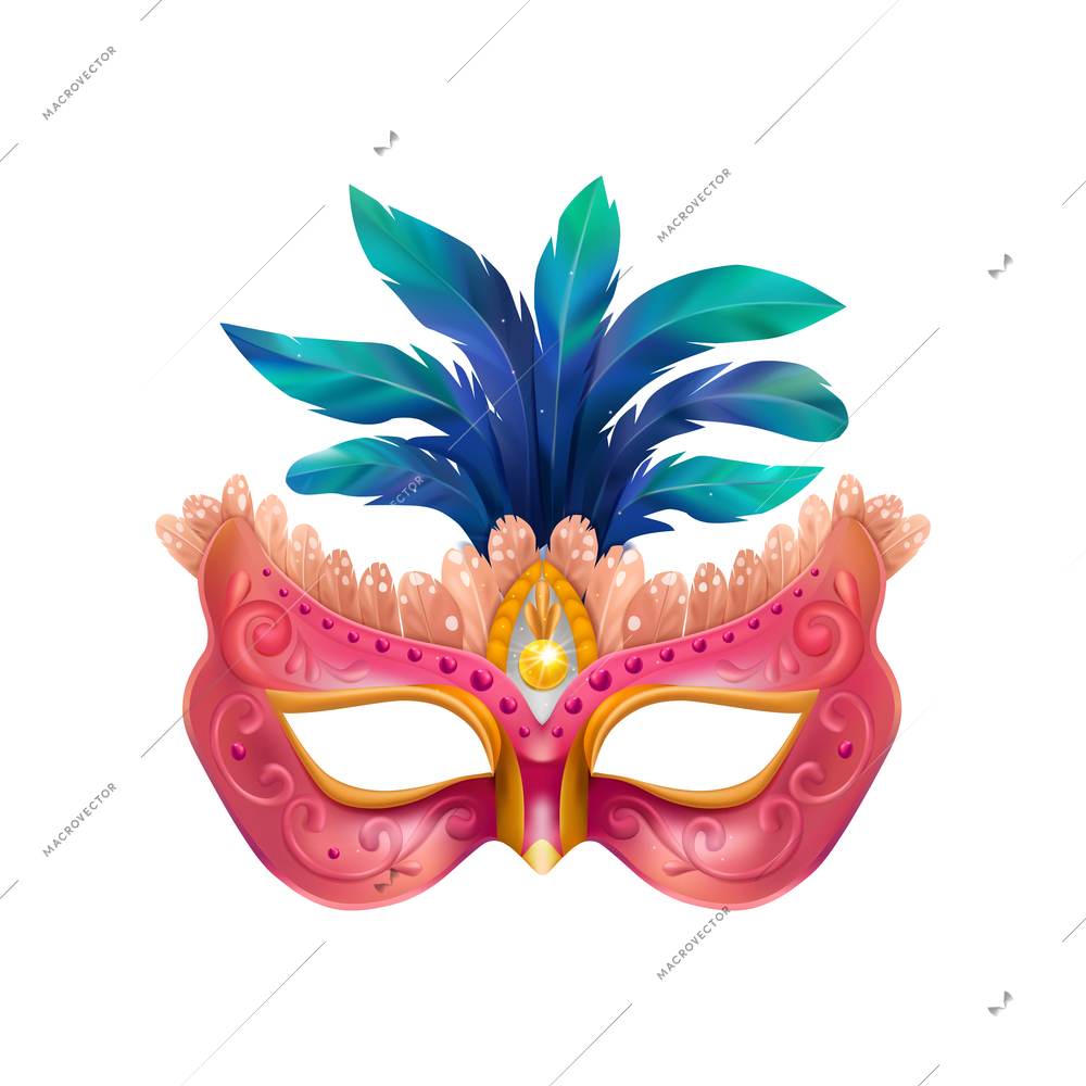 Realistic carvinal mask composition with isolated image of masquerade mask with blue feathers and purple body vector illustration