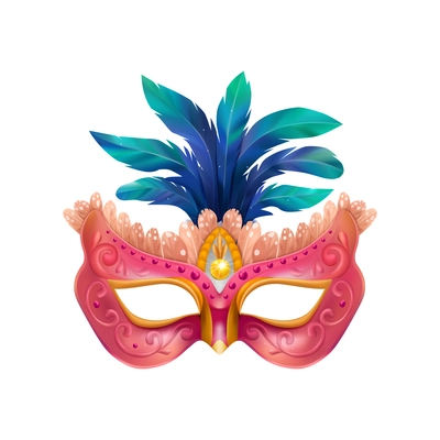 Realistic carvinal mask composition with isolated image of masquerade mask with blue feathers and purple body vector illustration