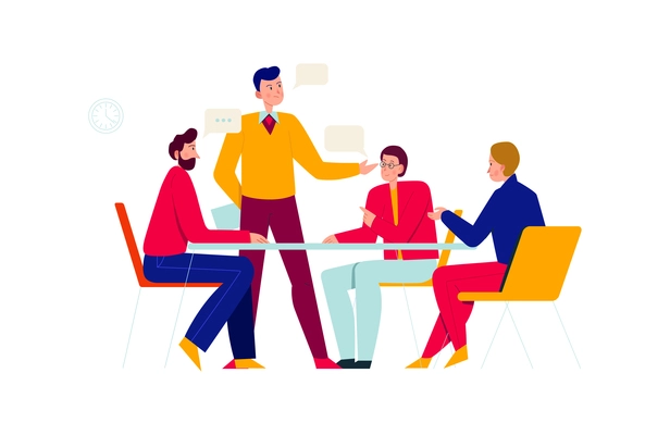 Office people composition with group of coworkers discussing new ideas with chat bubbles vector illustration