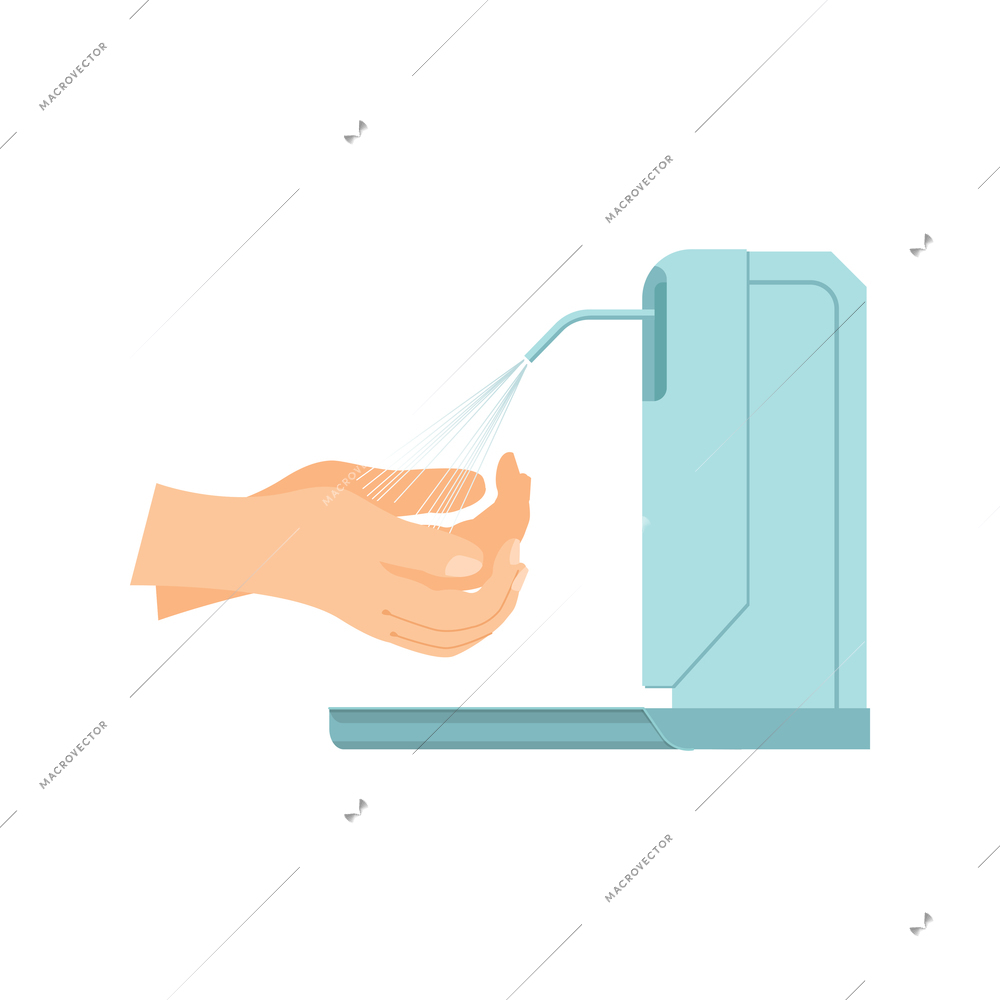 Hand hygiene flat composition with image of automatic sprayer pouring disinfectant on human hands vector illustration