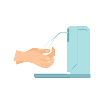 Hand hygiene flat composition with image of automatic sprayer pouring disinfectant on human hands vector illustration