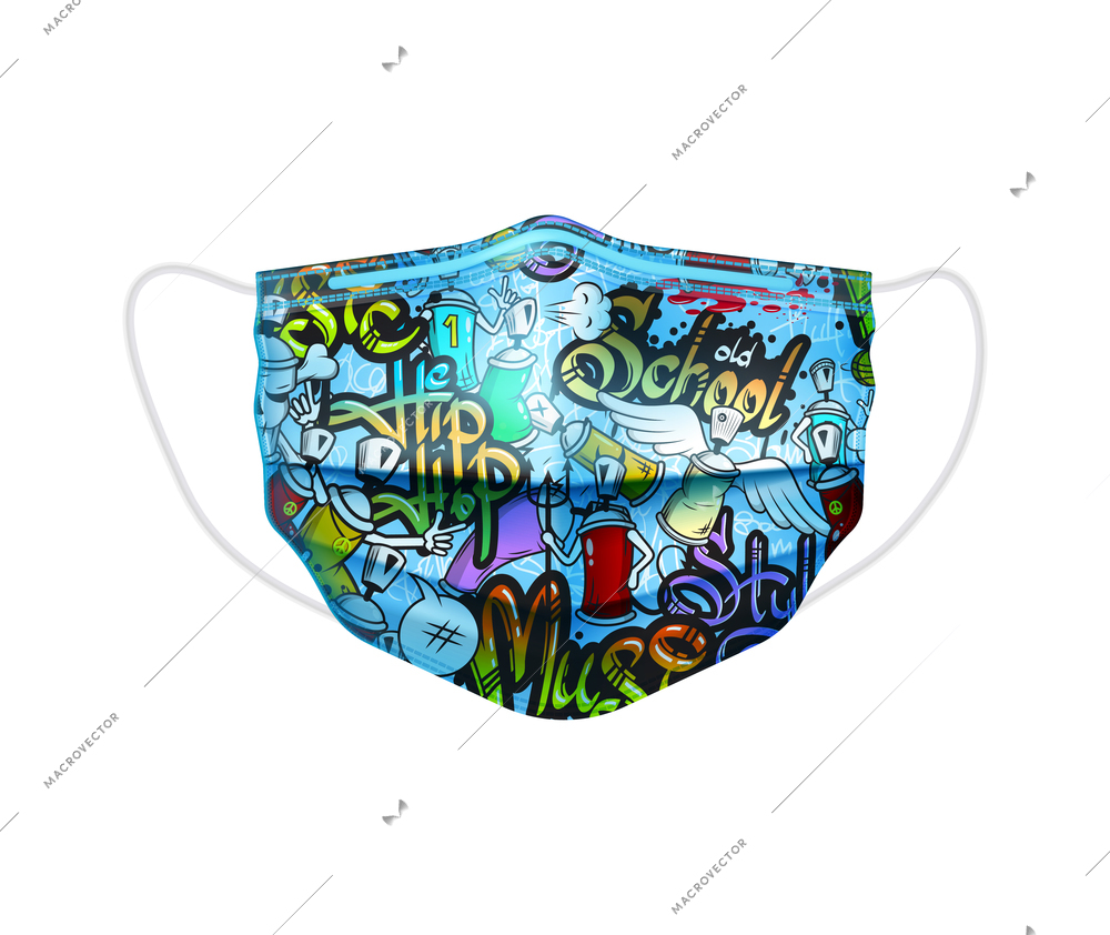Individual protective medical mask realistic composition with protective mask image with graffiti covered wall artwork vector illustration