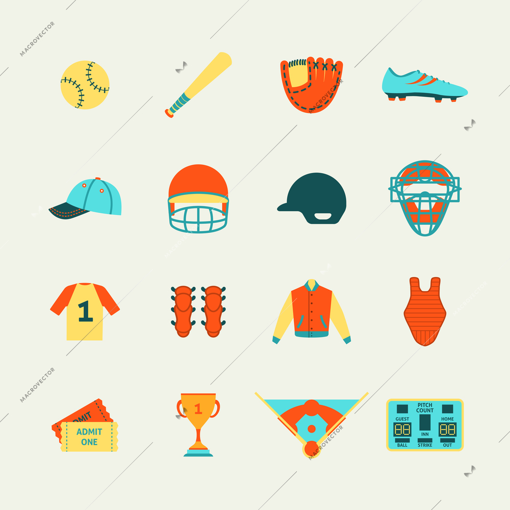 Baseball game accessories flat pictograms collection with protective helmet mask bat pitch glove abstract isolated vector illustration