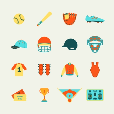 Baseball game accessories flat pictograms collection with protective helmet mask bat pitch glove abstract isolated vector illustration